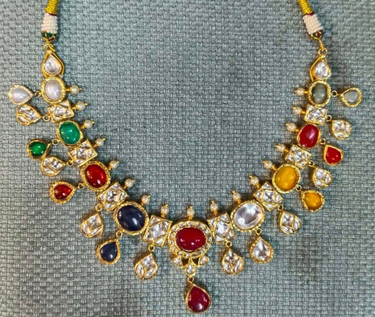 925 Silver Navratana Polki Necklace - Amrrutam Jewellery