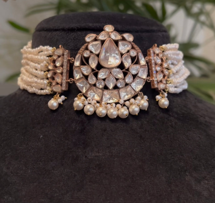 925 Silver Mannan Polki Choker Necklace Set - Amrrutam