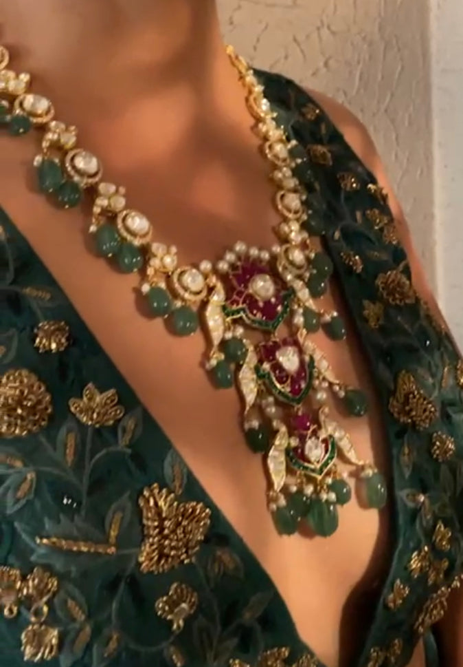 925 Silver Kalash Polki Peacock Ruby Necklace - Amrrutam