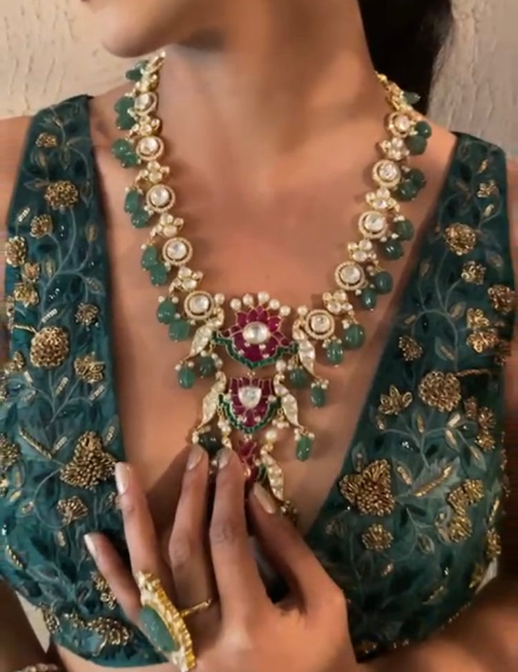 925 Silver Kalash Polki Peacock Ruby Necklace - Amrrutam
