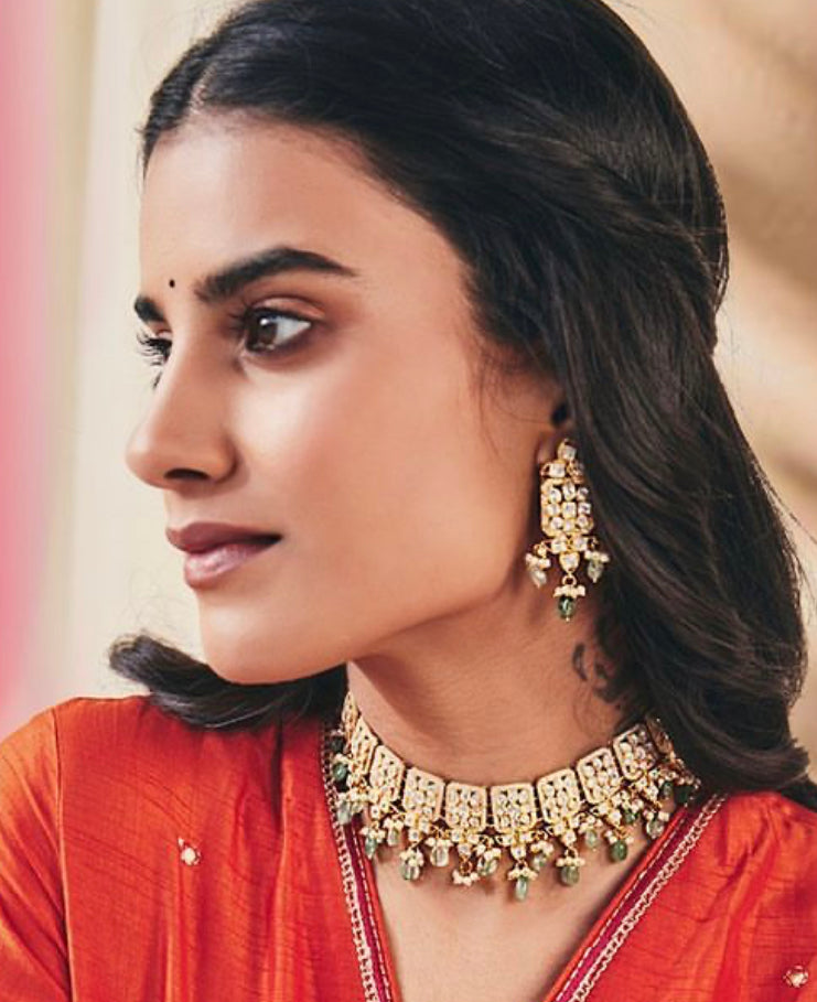 925 Silver Rajawat Polki Choker Necklace Set - Amrrutam