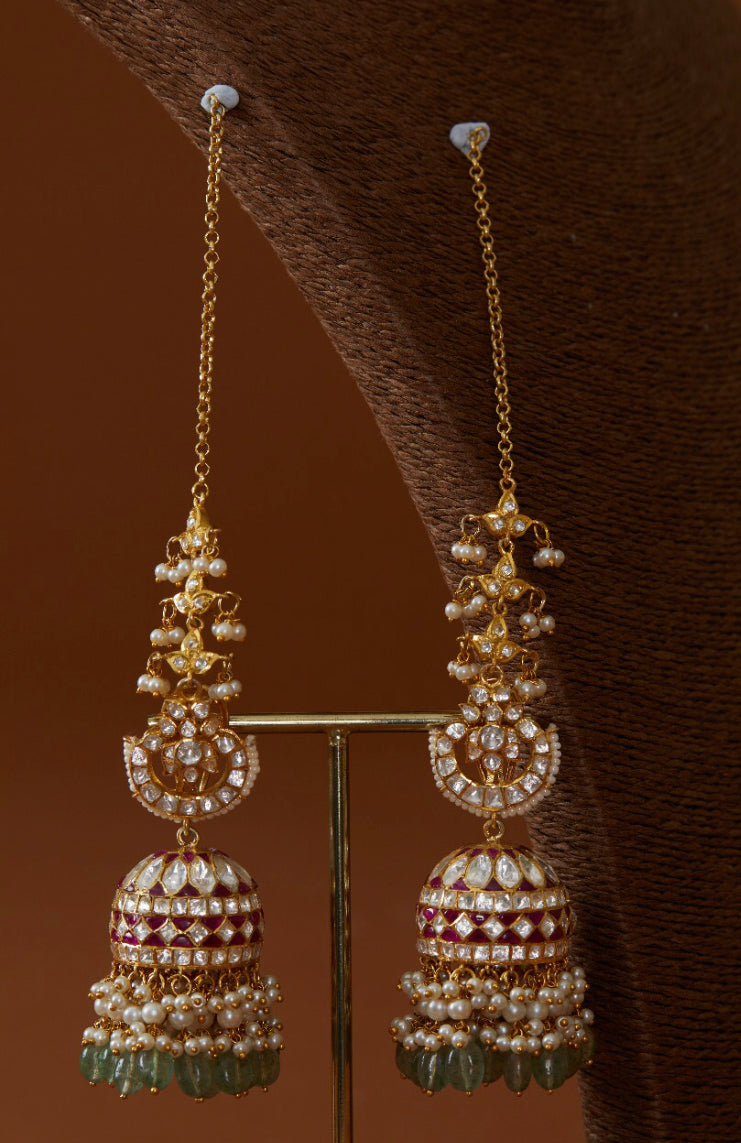 925 Silver Naveli Ruby Polki Jhumka With Kaan Chain - Amrrutam