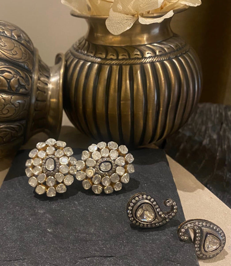 925 Silver Oval Uncut Diamond Earrings - Amrrutam