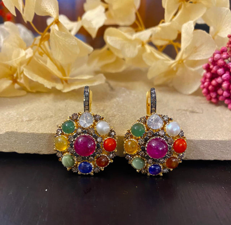 925 Silver Vintage Navratan Drop Earrings - Amrrutam