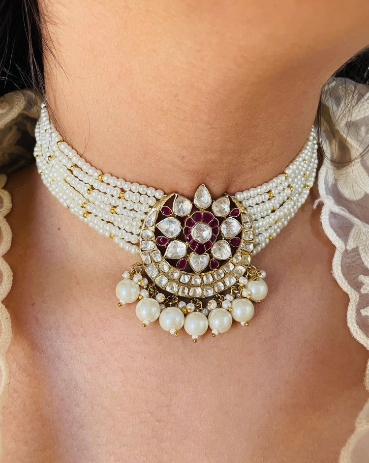 925 Silver Chaand Ruby Pearl Polki Choker Necklace - Amrrutam