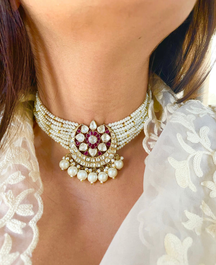 925 Silver Chaand Ruby Pearl Polki Choker Necklace - Amrrutam