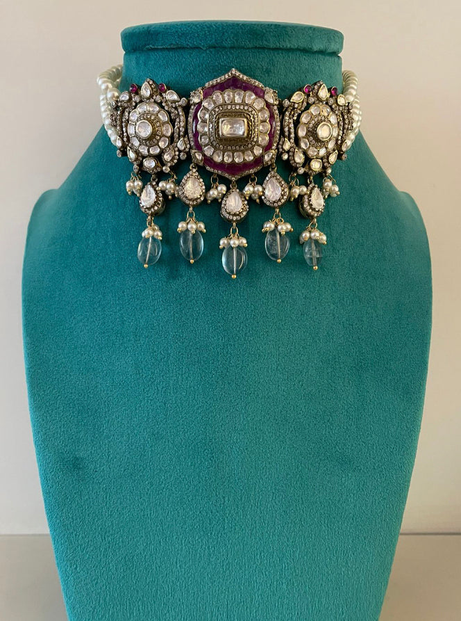 925 Silver Rasleela Anqtiue Emerald Necklace - Amrrutam