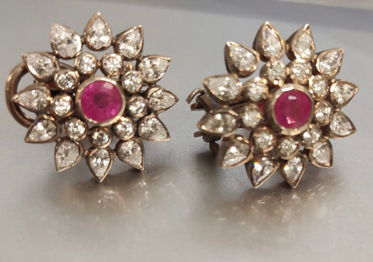 925 Silver Floral Ruby Stud Earring - Amrrutam