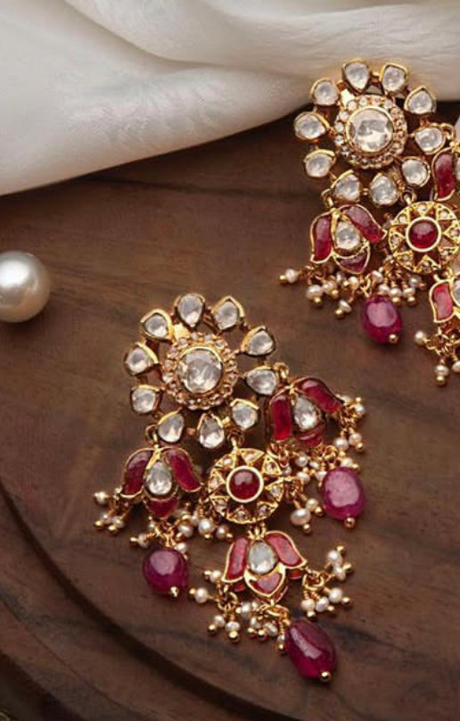 925 Silver Kuri Ruby Polki Earring - Amrrutam Jewellery
