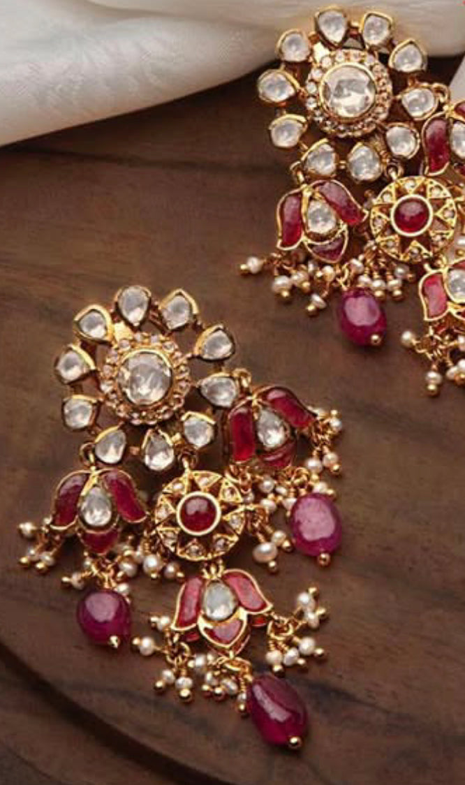 925 Silver Kuri Ruby Polki Earring - Amrrutam Jewellery