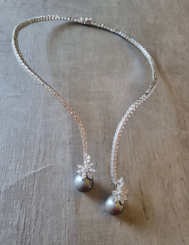 925 Silver Astra CZ South Sea Pearl Cocktail Necklace Set - Amrrutam