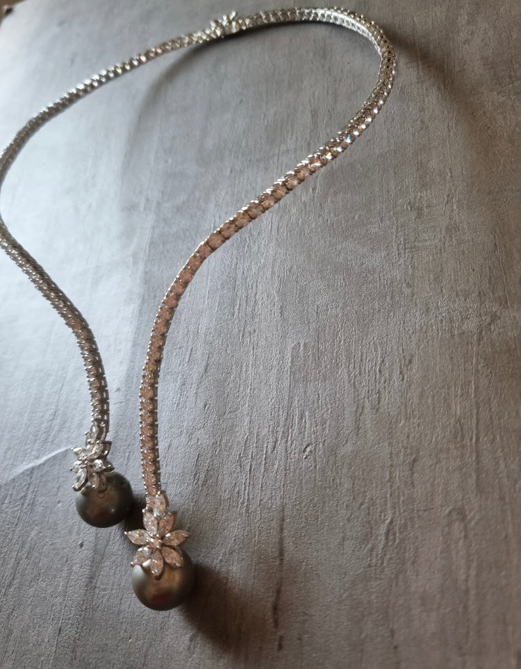 925 Silver Astra CZ South Sea Pearl Cocktail Necklace Set - Amrrutam