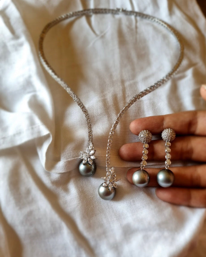 925 Silver Astra CZ South Sea Pearl Cocktail Necklace Set - Amrrutam