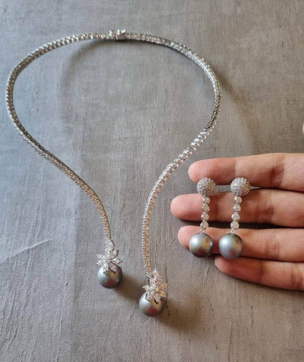 925 Silver Astra CZ South Sea Pearl Cocktail Necklace Set - Amrrutam