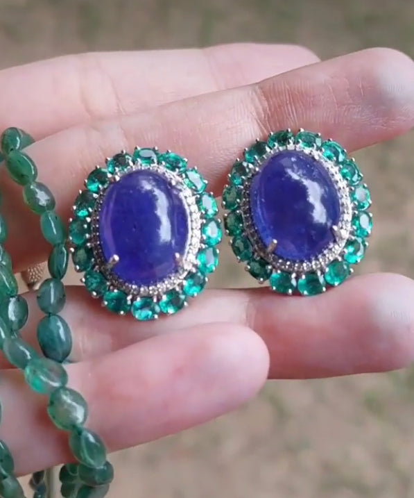 925 Silver Tanzanite Emerald Stud Earrings - Amrrutam Jewellery