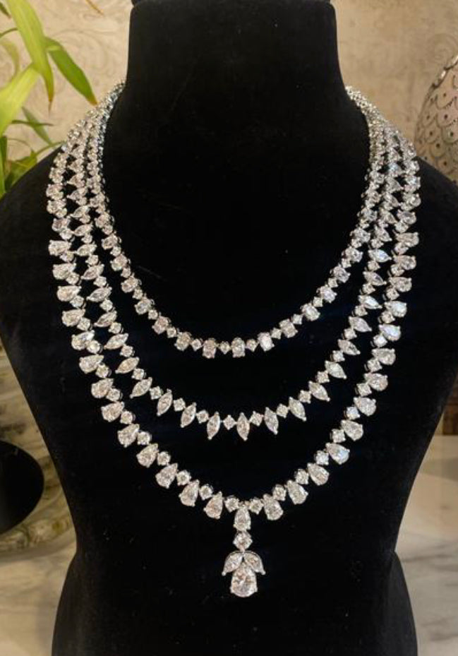 925 Silver Meraki Three Layer CZ Necklace - Amrrutam