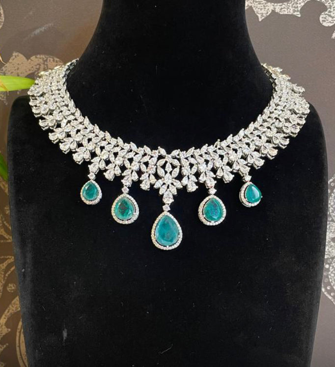 925 Silver Mrunalini CZ Emerald Necklace - Amrrutam Jewellery