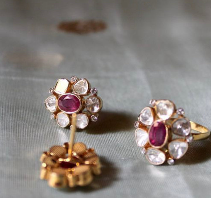 14K Gold Ruby Diamond Polki Top Earrings - Amrrutam