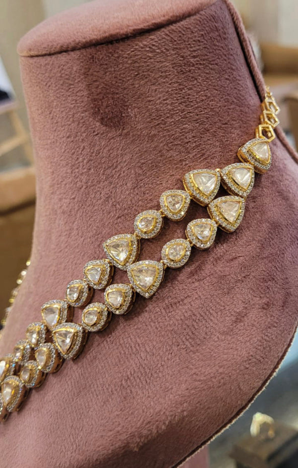 925 Silver Double Line Long Polki Necklace - Amrrutam