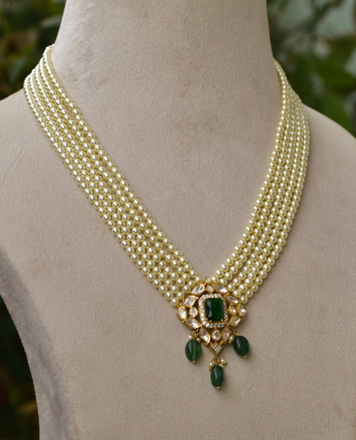 925 Silver Konika Polki Festive Pearl Necklace Set