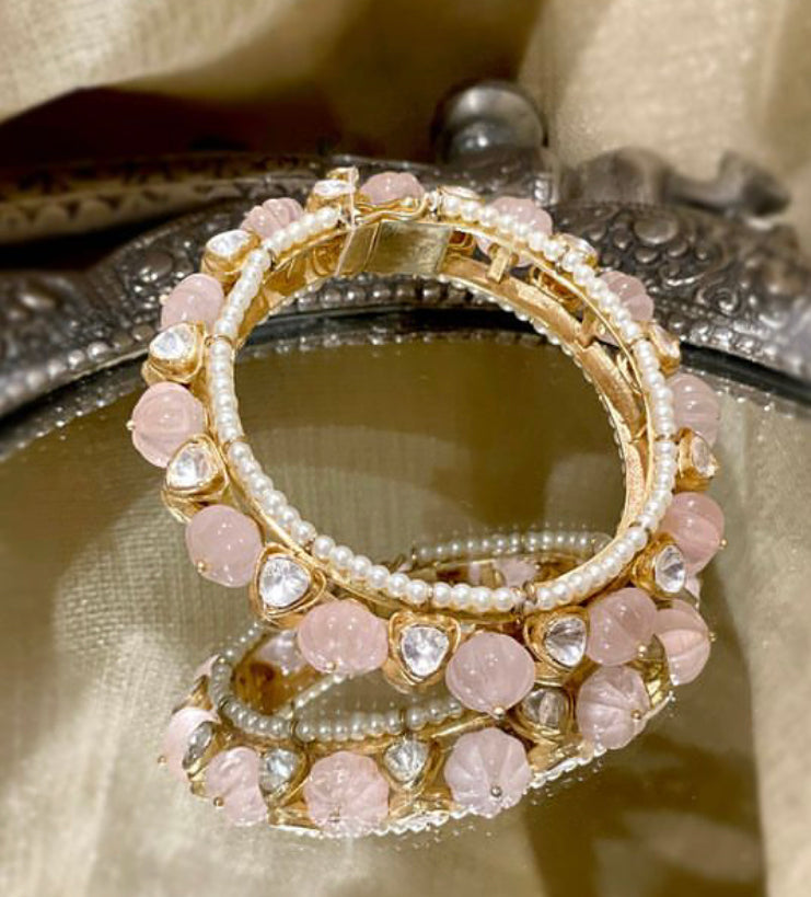 925 Silver Rose Quartz Polki Bangle - Amrrutam