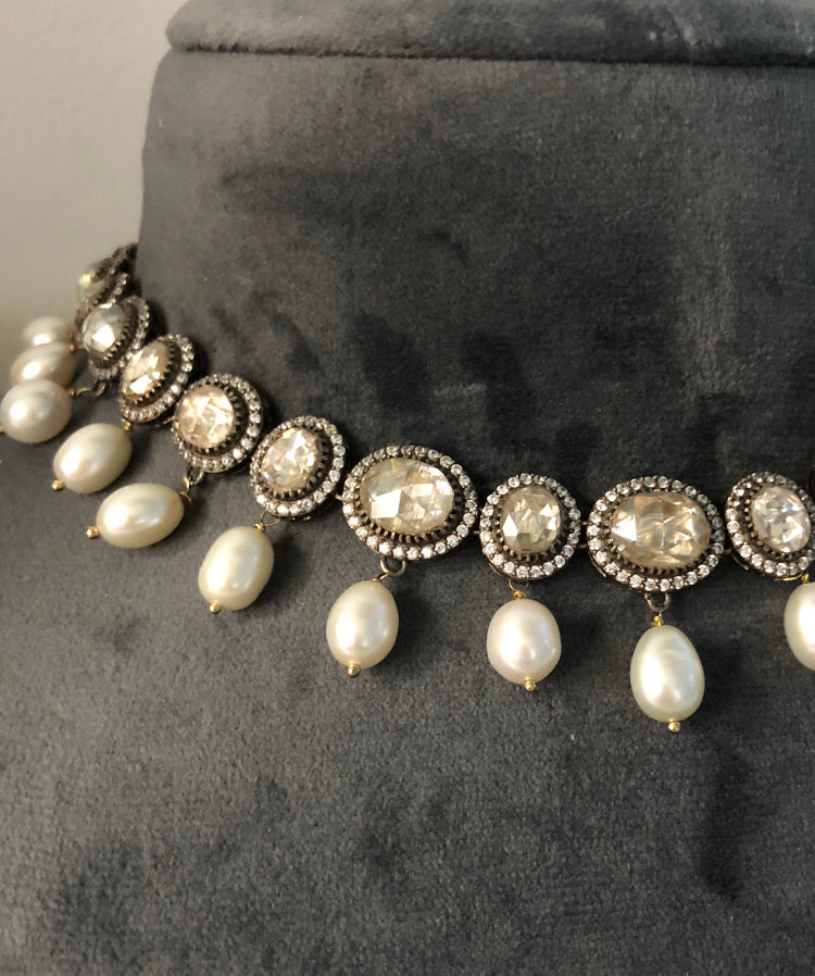 925 Silver Adaya Polki Pearl Choker Necklace - Amrrutam Jewellery