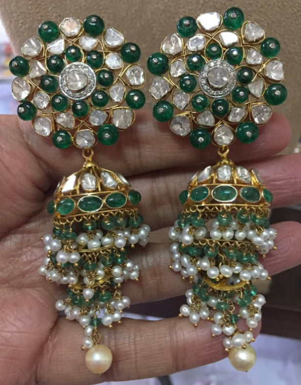 925 Silver Manderi Green Polki Jhumka Earrings - Amrrutam Jewellery