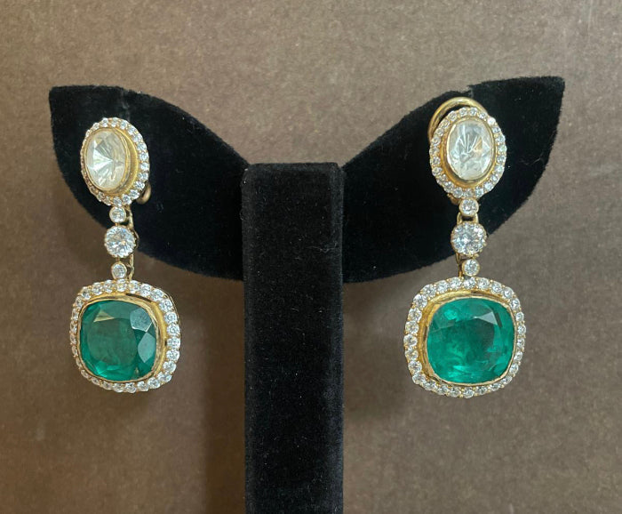 925 Silver Trinitra Polki Emerald Earrings - Amrrutam Jewellery