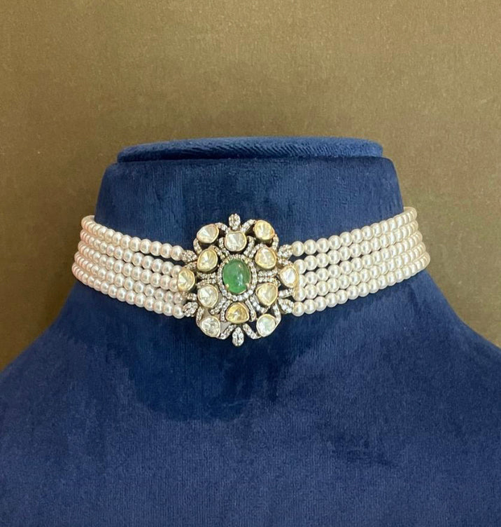 925 Silver Apsara Polki Choker Necklace - Amrrutam Jewellery