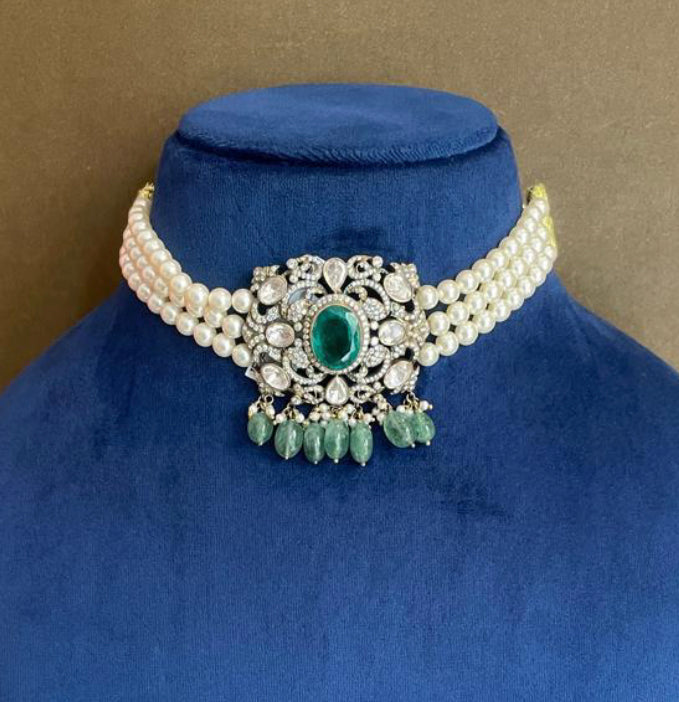 925 Silver Tara Polki Choker Necklace - Amrrutam Jewellery