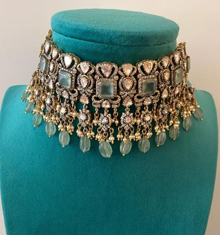 925 Silver Vishva Polki Choker Necklace - Amrrutam Jewellery