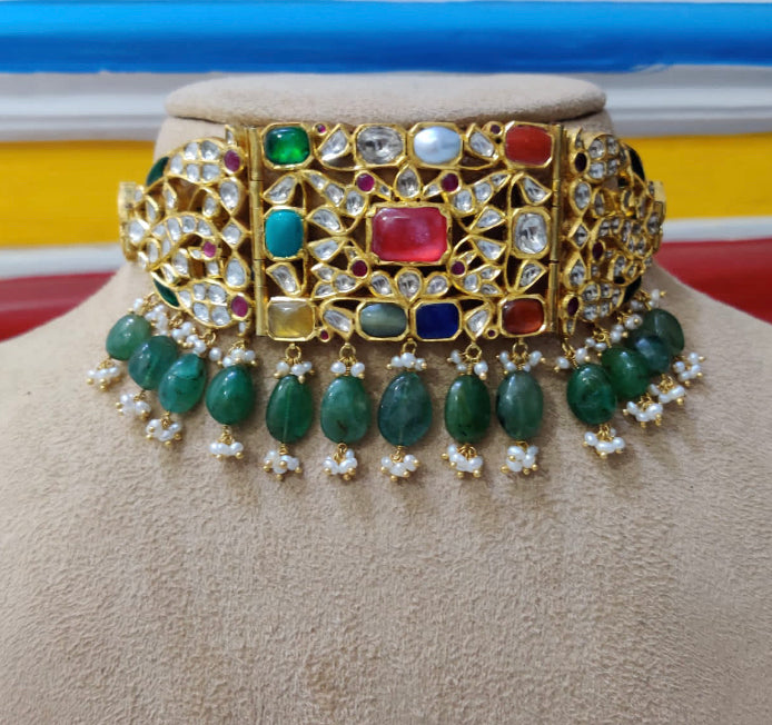 14K Gold Navratan Polki Choker Necklace - Amrrutam