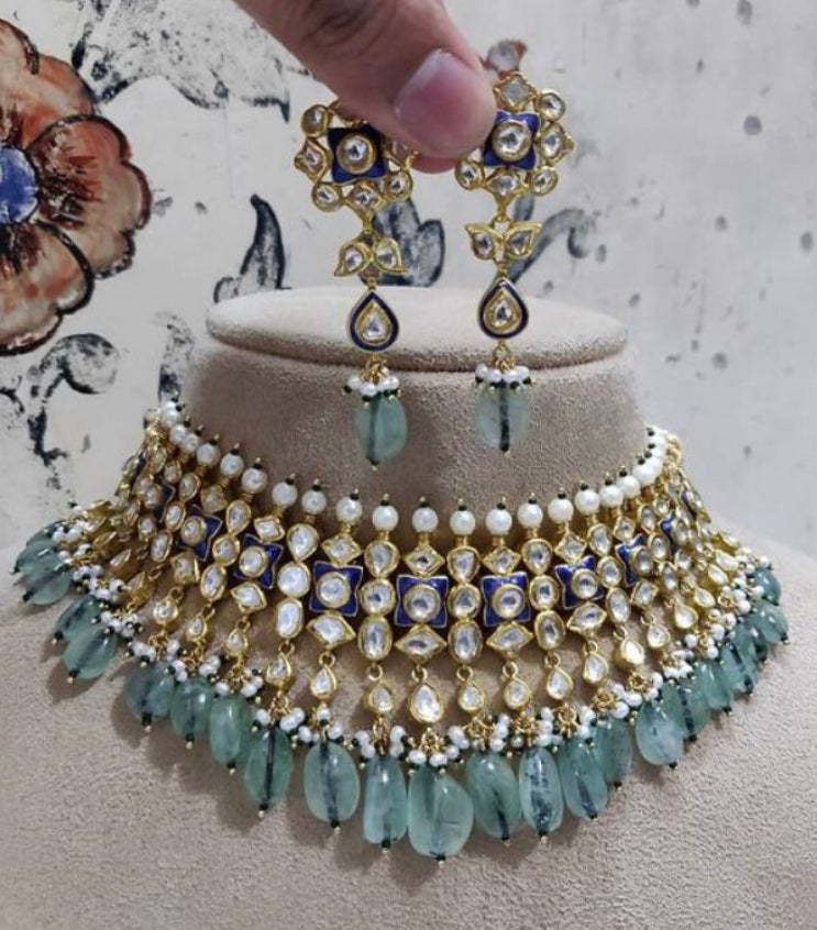 14K Gold Makuya Blue Polki Necklace Set - Amrrutam