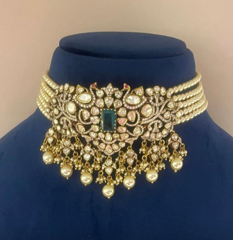 925 Silver Kohar Polki Choker Necklace - Amrrutam Jewellery
