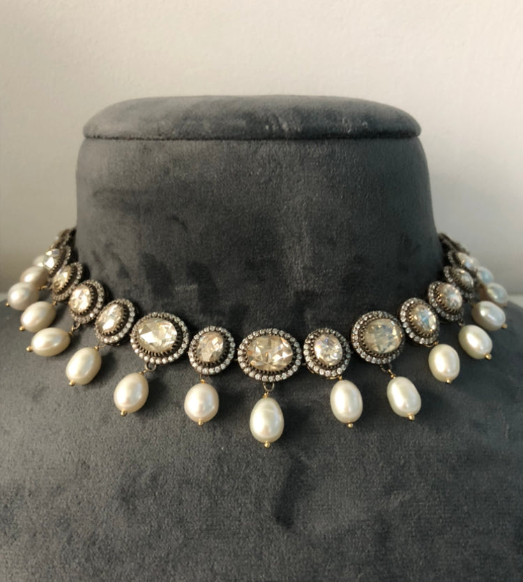 925 Silver Adaya Polki Pearl Choker Necklace - Amrrutam Jewellery