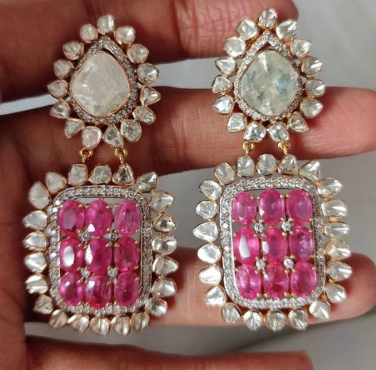 14K Gold Rubellite Polki Diamond Drop Earrings - Amrrutam