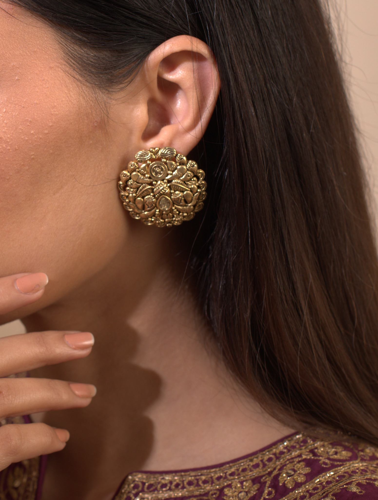 Gold Palted Textured Ear Studs. - Amrrutam