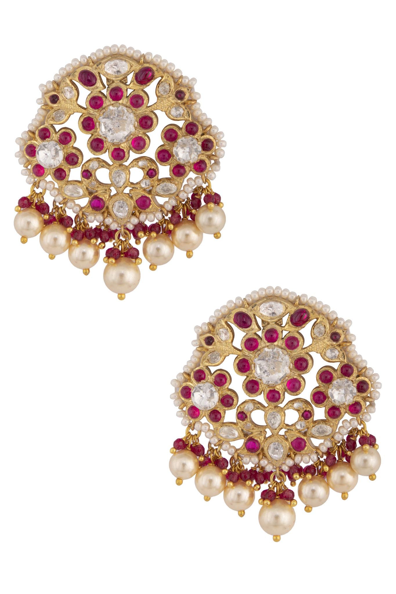 Gold Plated Polki & Red Stone Ear Studs - Amrrutam