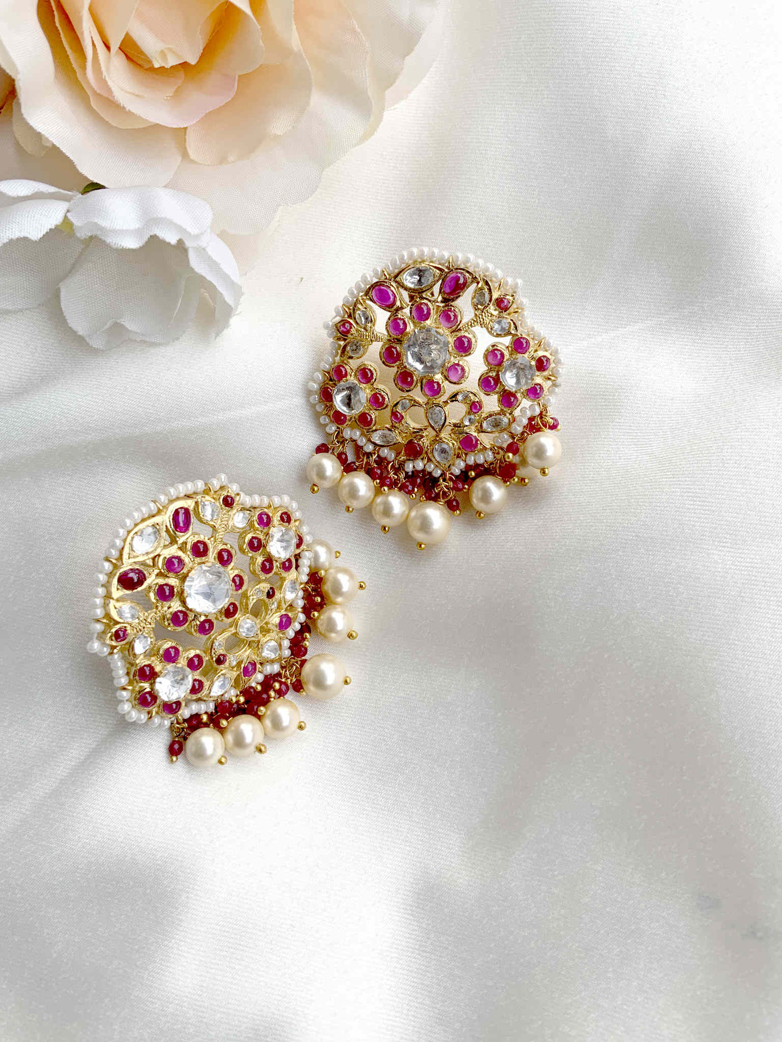 Gold Plated Polki & Red Stone Ear Studs - Amrrutam