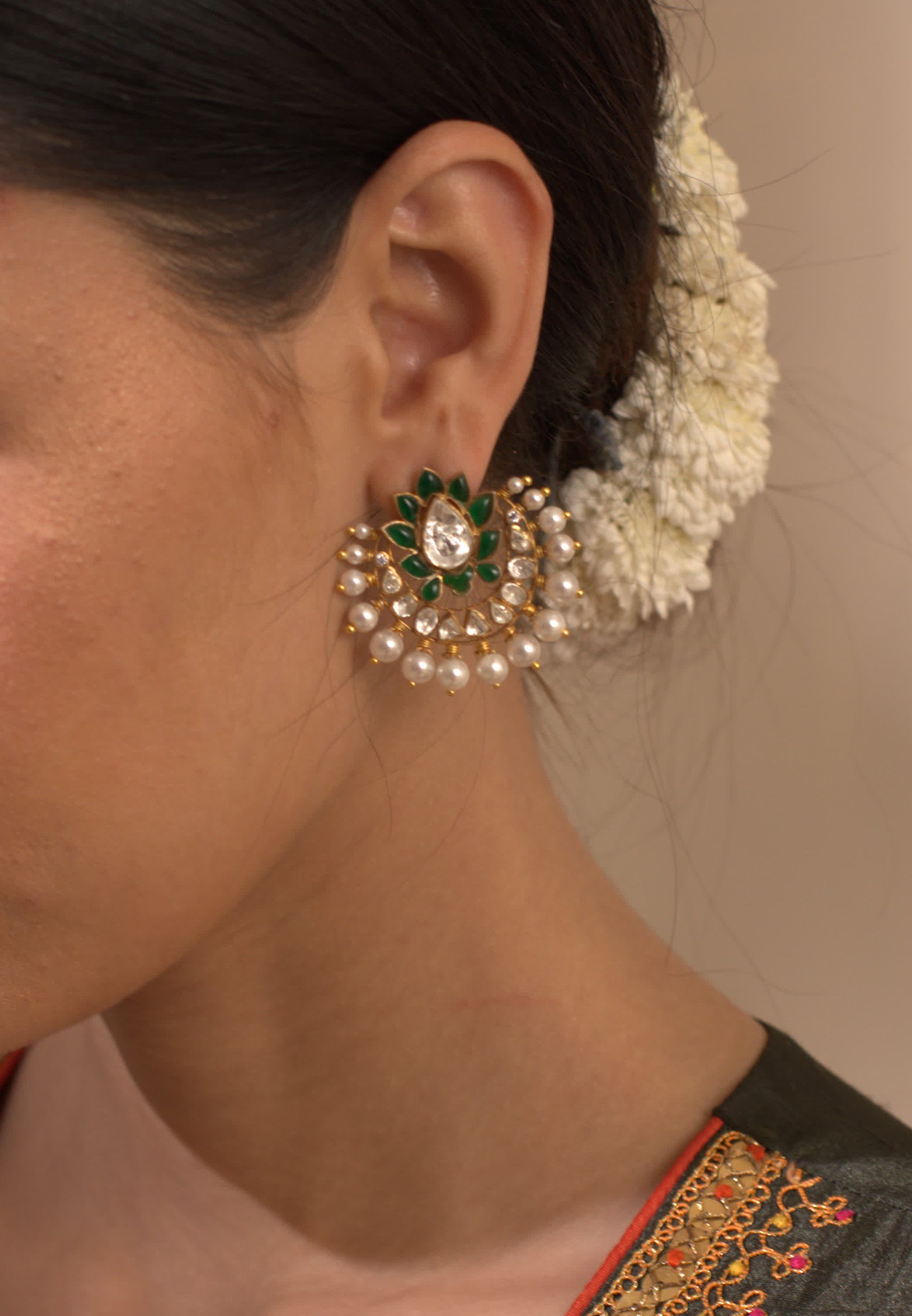 Gold Plated Silver Green Stone Ear Studs - Amrrutam