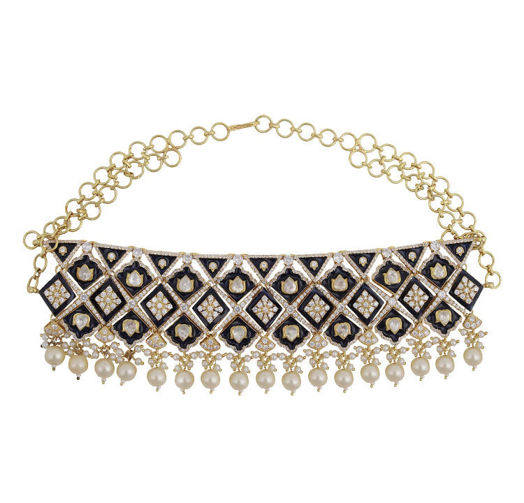 Silver Blue Enamel Choker Necklace - Amrrutam