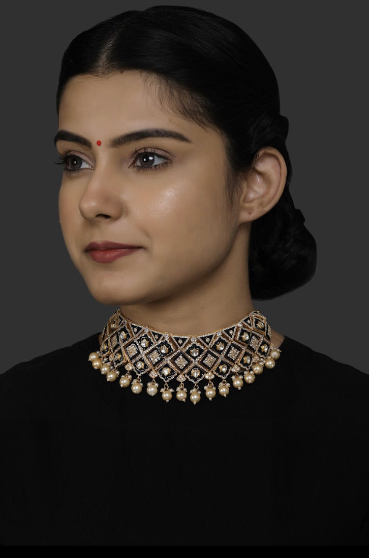 Silver Blue Enamel Choker Necklace - Amrrutam