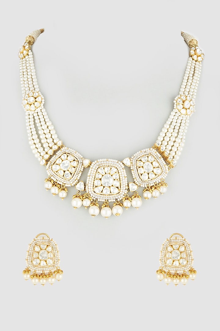 925 Silver Pearl & Polki Necklace Set - Amrrutam
