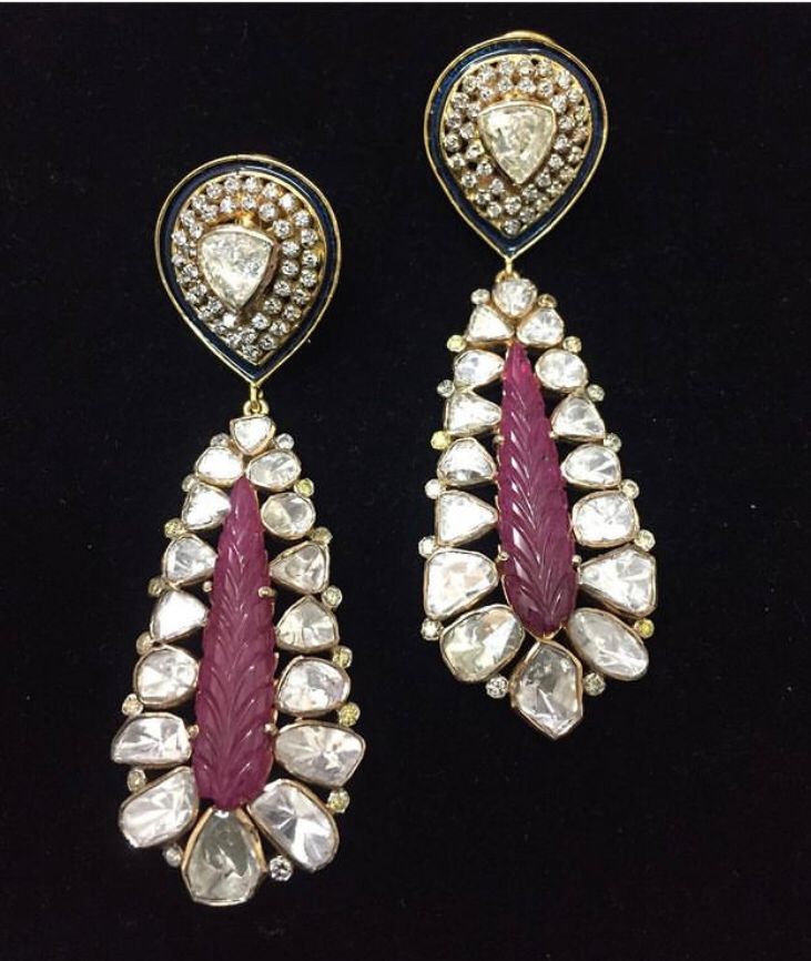 14K Gold Ruby Polki Long Drop Earrings - Amrrutam