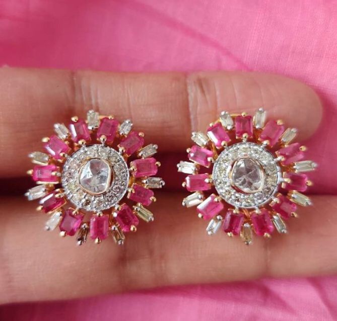 14K Gold Rubellite Floral Stud Earrings - Amrrutam