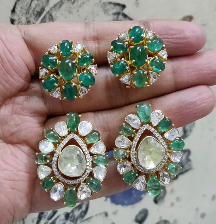 14K Gold Green Polki Stud Earrings - Amrrutam
