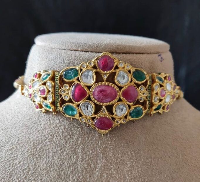 14K Gold Rivayat Ruby Emerald Polki Choker Necklace - Amrrutam