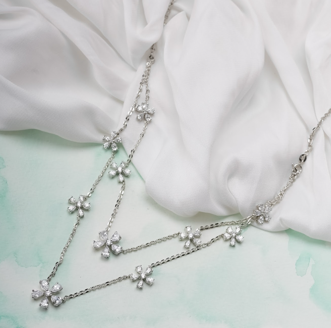 925 Silver Floral Double Layer Necklace - Amrrutam