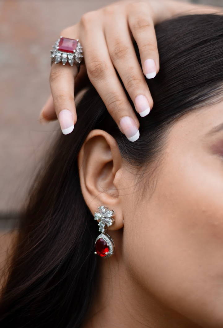 925 Silver Ruby Drop Swarovski Earrings - Amrrutam