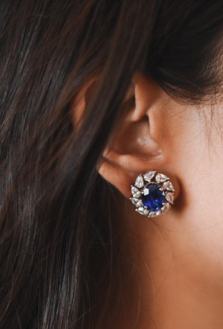 925 Silver Blue Stud Swarovski Earrings - Amrrutam